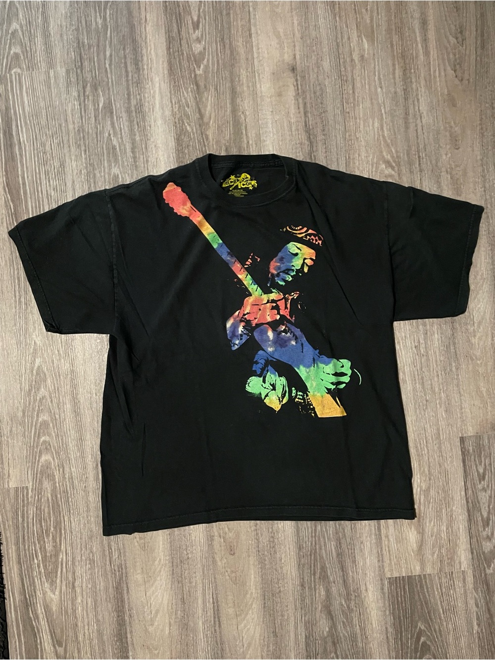 Black Graphic Short Sleeve Tee with Rainbow Guitar Print